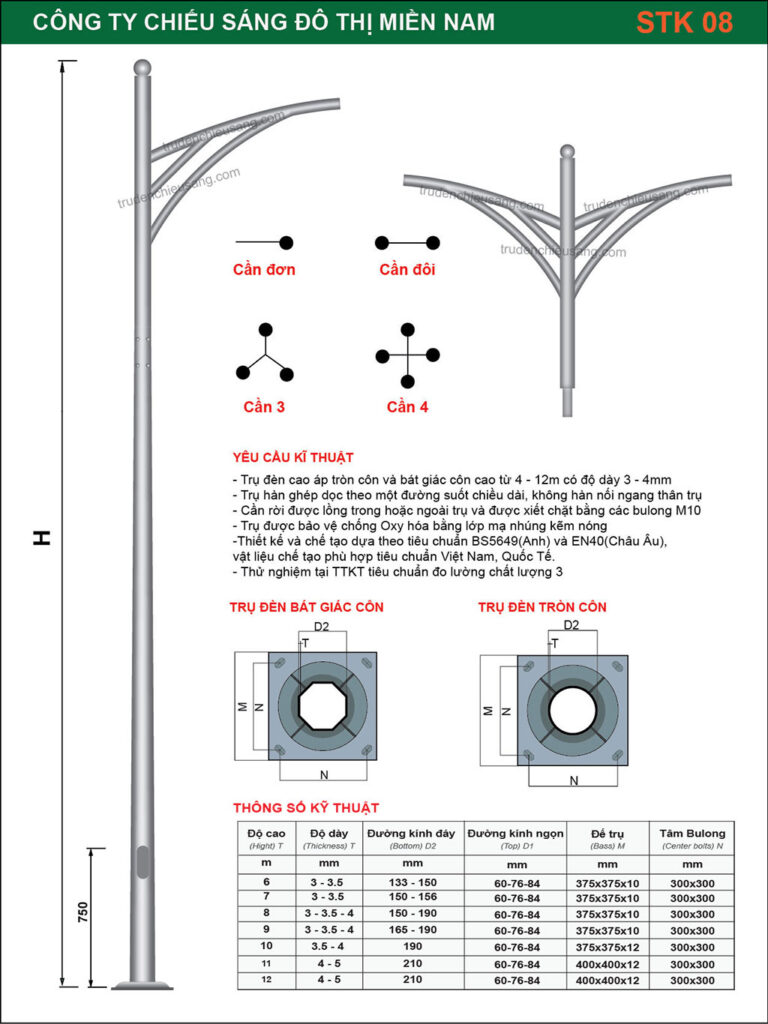 trụ đèn mạ kẽm 6m - 12m